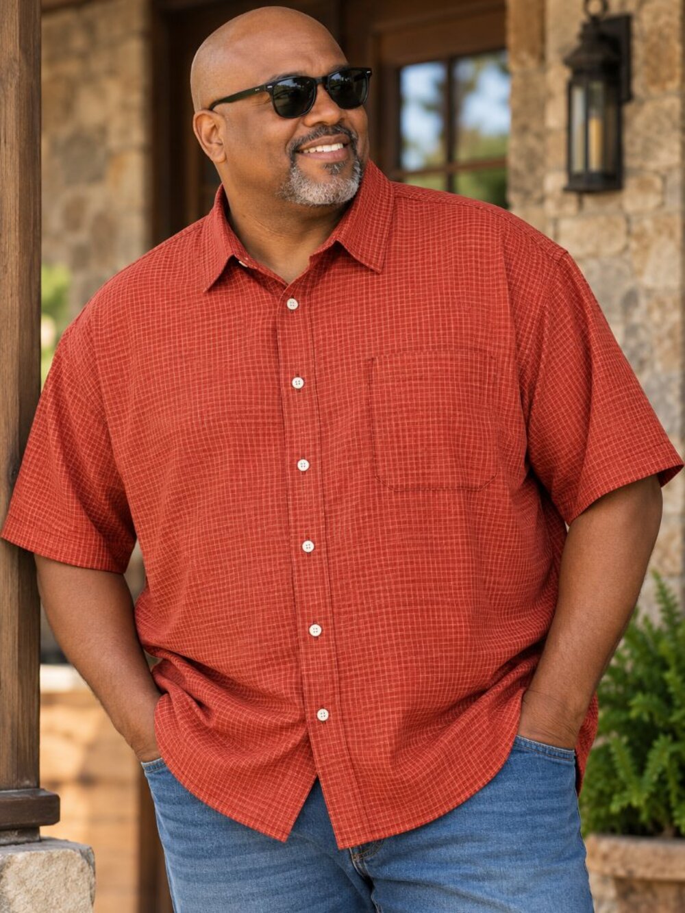 Kani Gold Men's 3X Linen Rayon Brick Red Check Short Sleeve Button Down Shirt